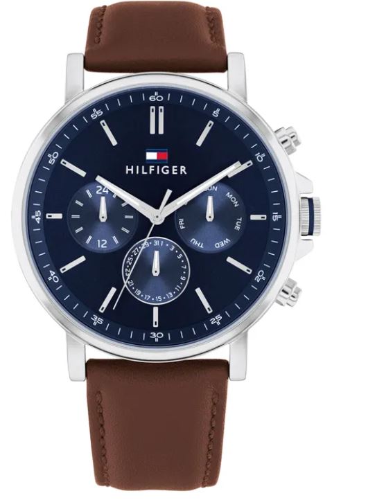 Tommy Hilfiger Tyson 44mm Blue Dial Brown Leather Strap Quartz Mens Watch