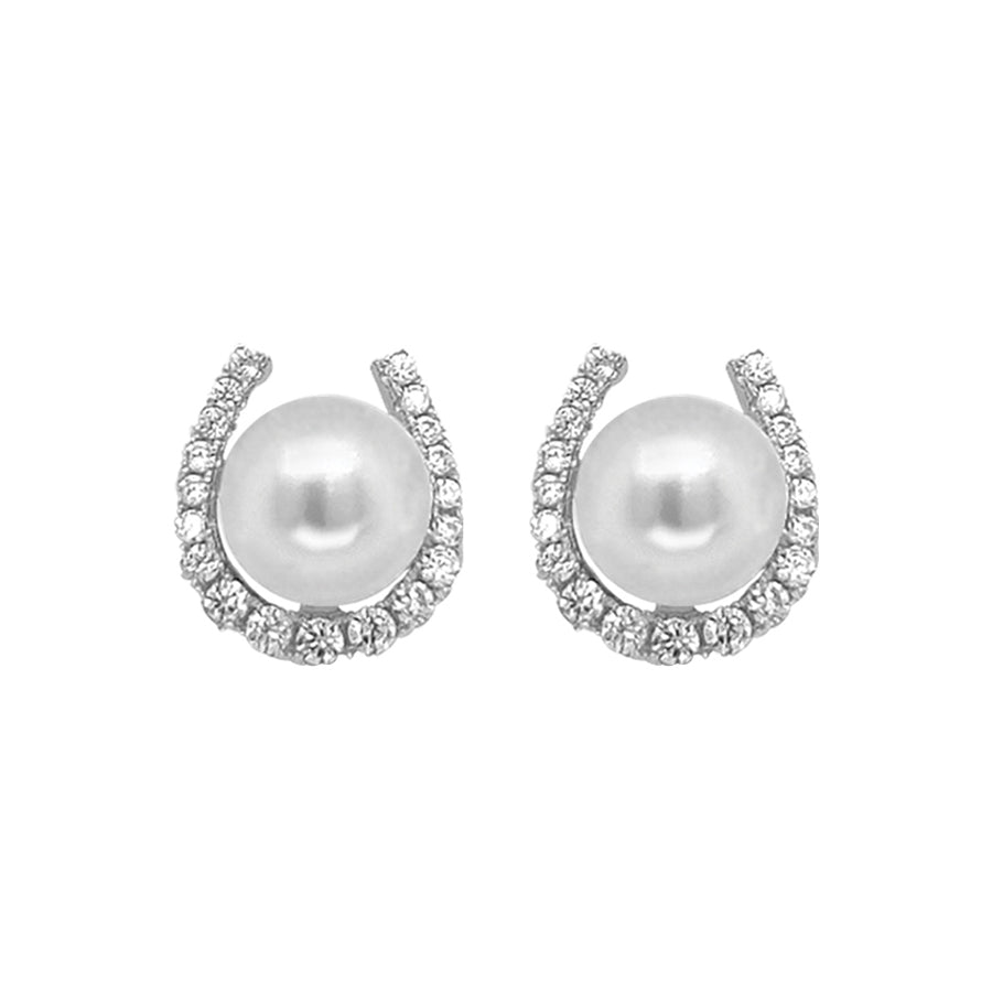 Sterling Silver Fresh Water Pearl And Horseshoe Shape CZ Stud Earrings 6mm