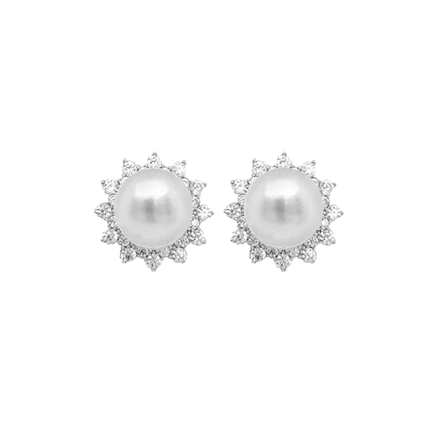 Sterling Silver Fresh Water Pearl And CZ Star Halo Stud Earrings 6.5mm