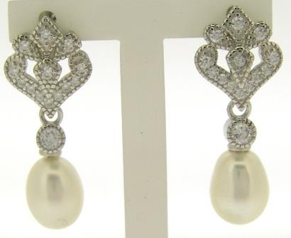 Sterling Silver Flower CZ Fresh Water Pearl Drop Earrings