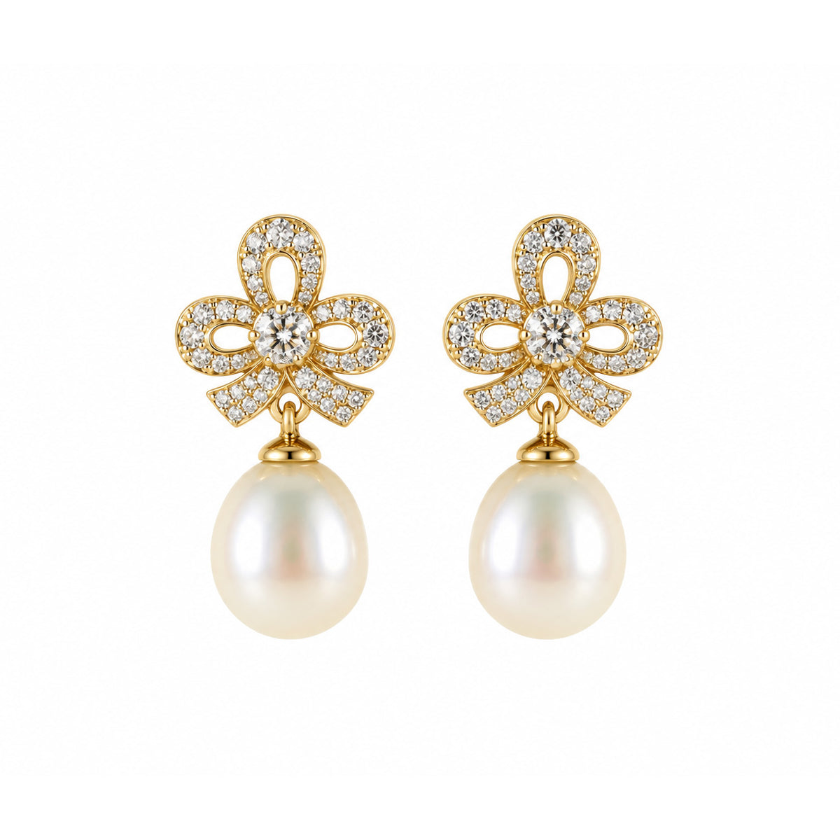 Elegant 9ct Two-Tone Gold Freshwater Pearl & Diamond Bow Drop Earrings
