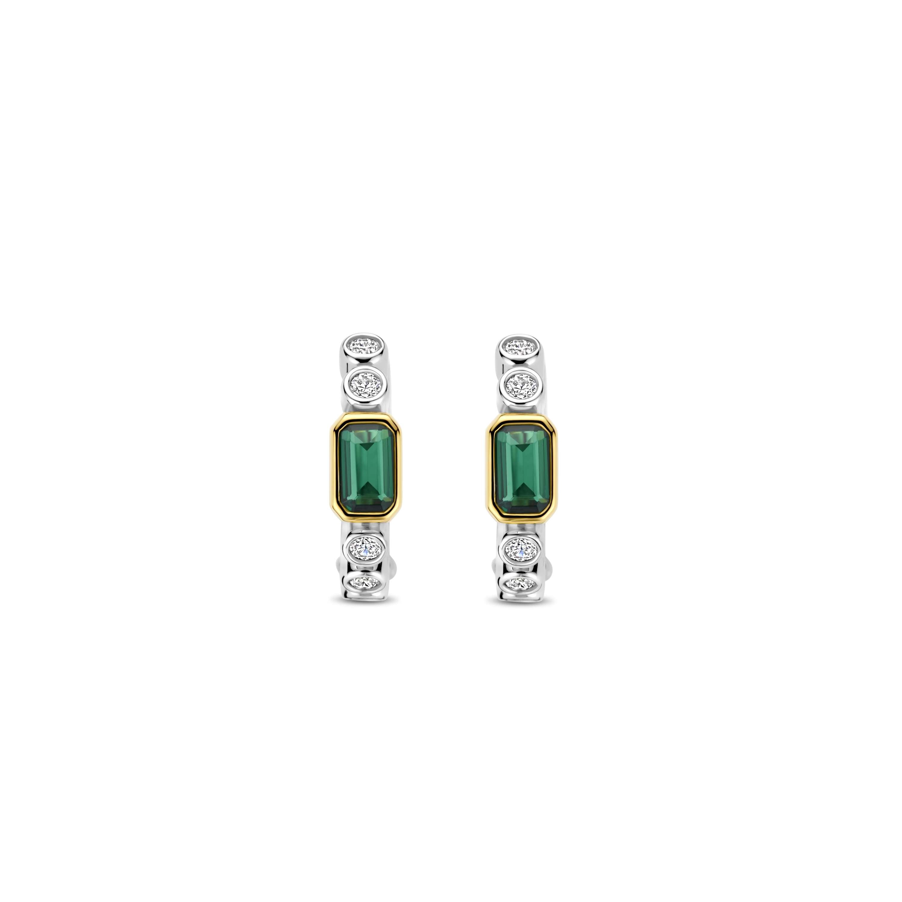 Ti Sento Sterling Silver & Yellow Gold Plated White Cubic Zirconia Rubover Set Hoop Earrings with Green Baguette Cut Cubic Zirconia 15.5mm