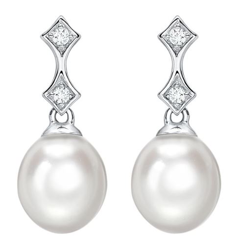 9ct White Gold Cultured Freshwater Pearl and Diamond Drop Earrings