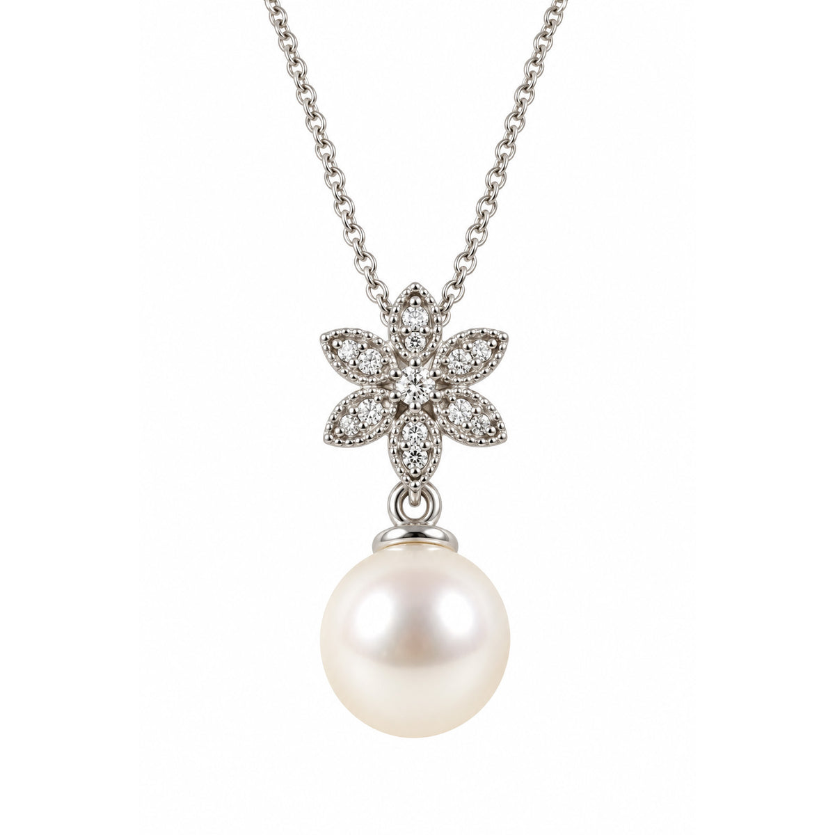 9ct Yellow Gold Cultured Freshwater Pearl and Diamond Trefoil Pendant