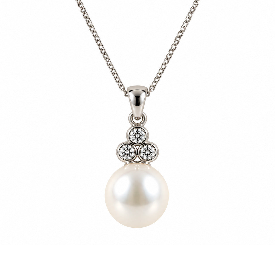 9ct White Gold Cultured Freshwater Pearl & Diamond Trefoil Pendant