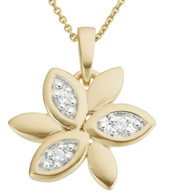 9ct Yellow Gold Three Stone Diamond Leaf Pendant