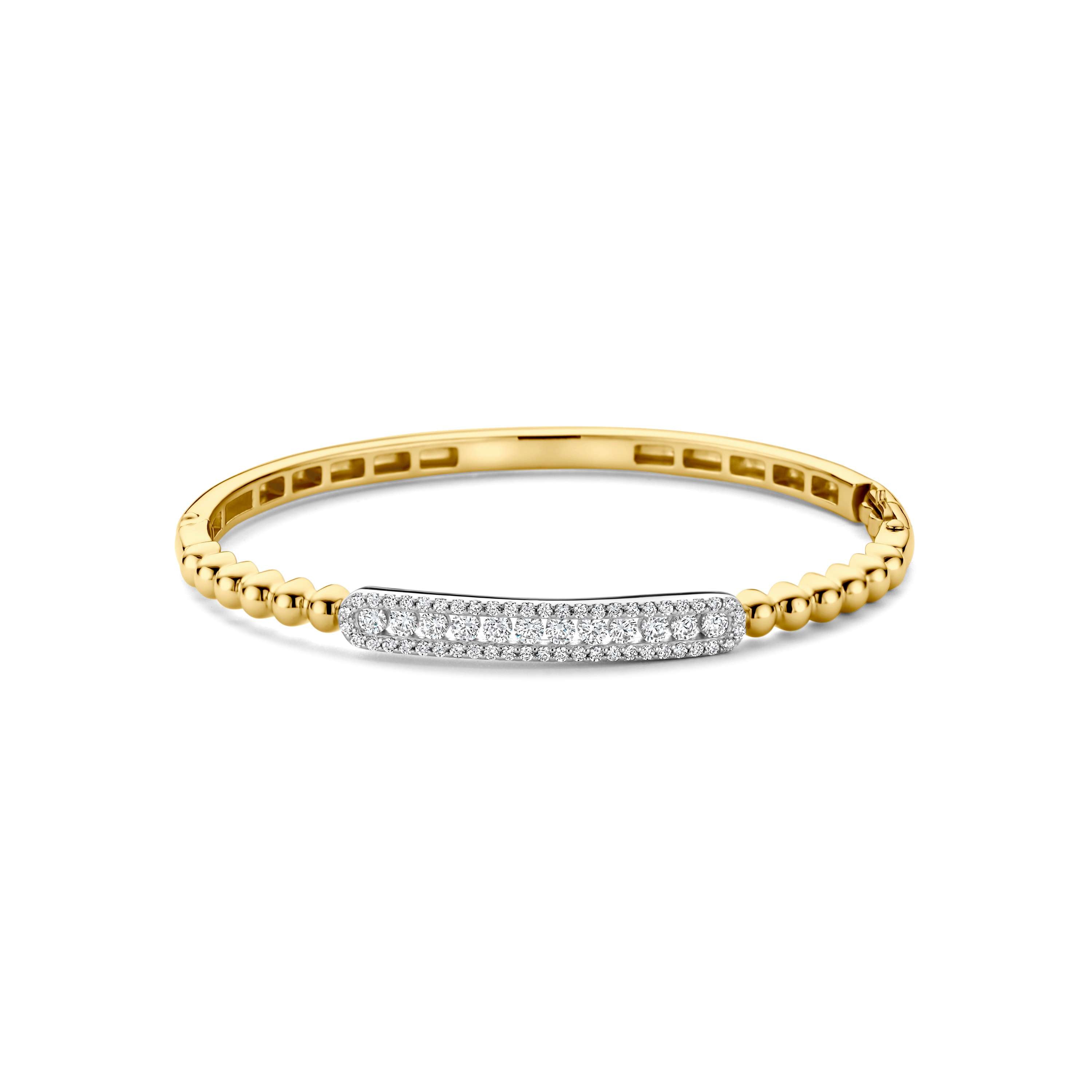 Ti Sento Sterling Silver Yellow Gold Plated Bangle with Pave Cubic Zirconia Centre & Beads on Eatch Side