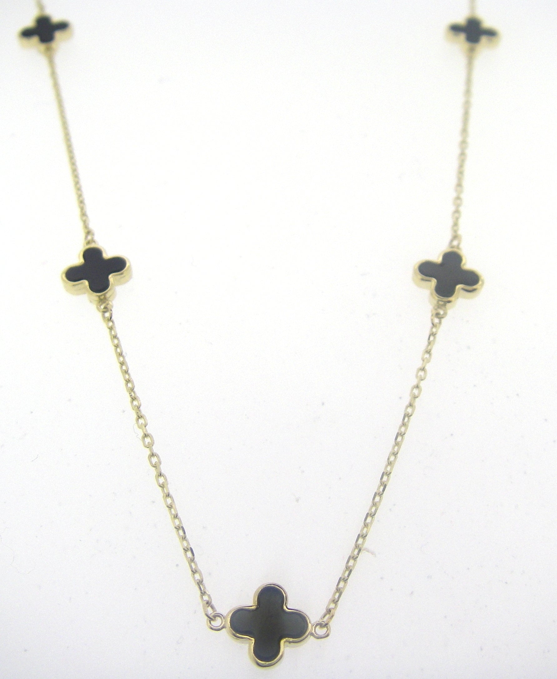 9ct Yellow Gold Five Onyx Flower Necklace