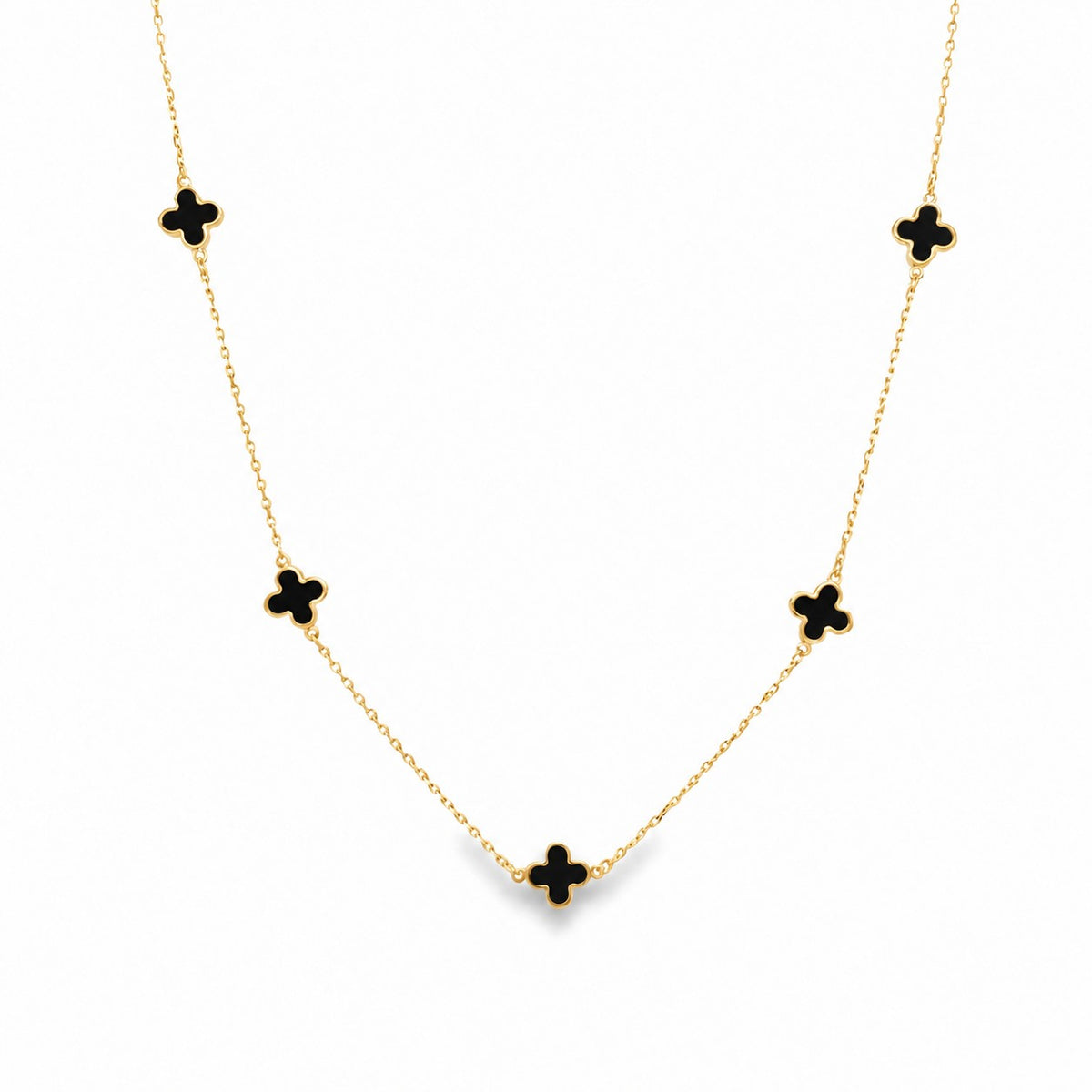 9ct Yellow Gold Five Onyx Flower Necklace