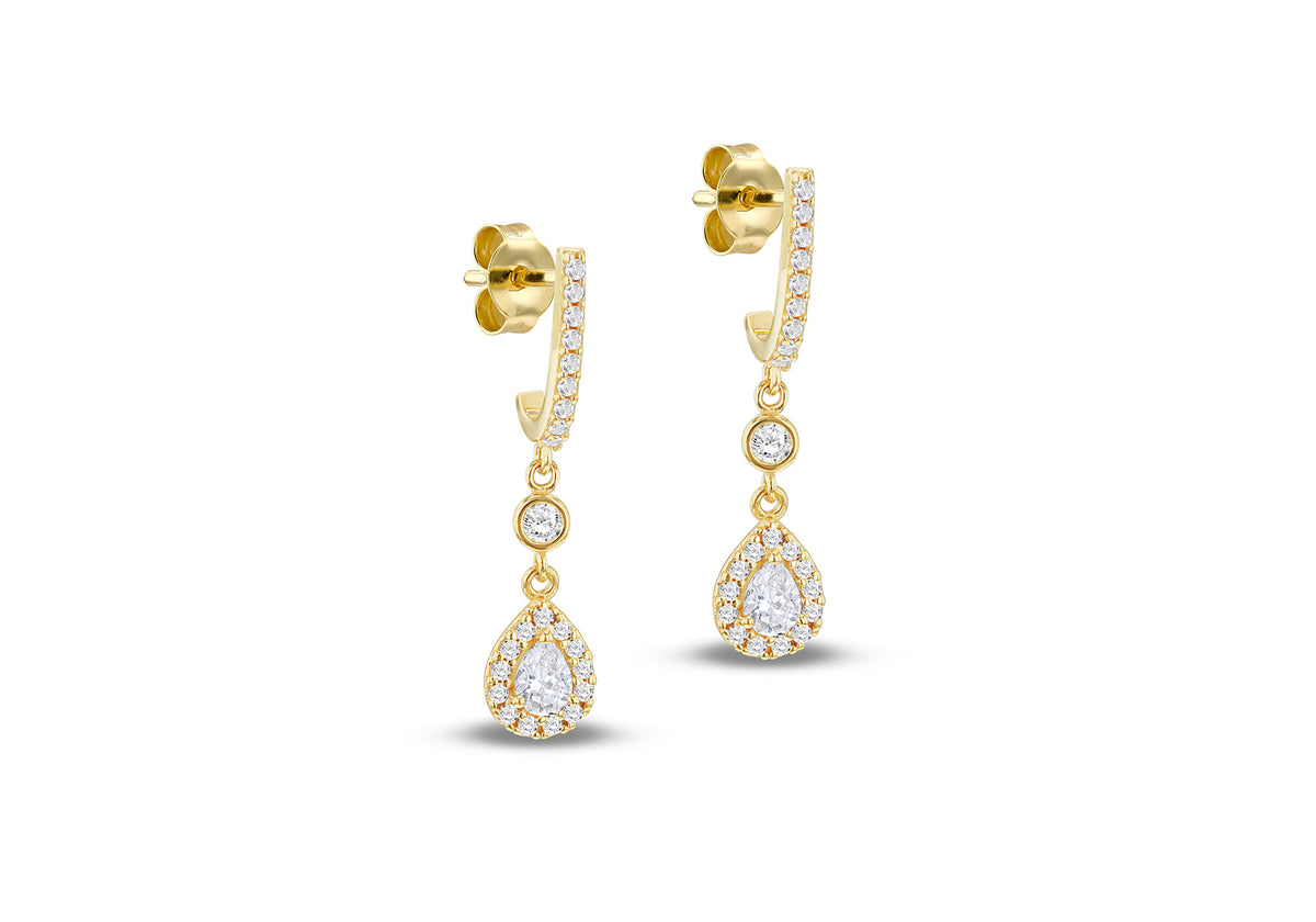 9ct Yellow Gold Cubic Zirconia Teardrop Halo Drop Earrings