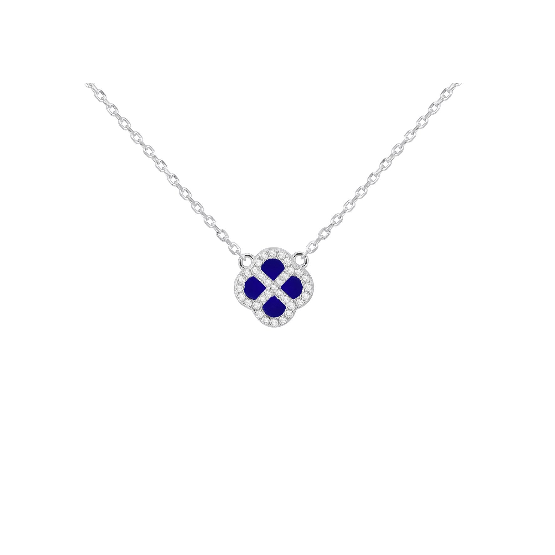 Sterling Silver Synthetic Blue Lazurite & Cubic Zirconia Clover Necklace 16-18'
