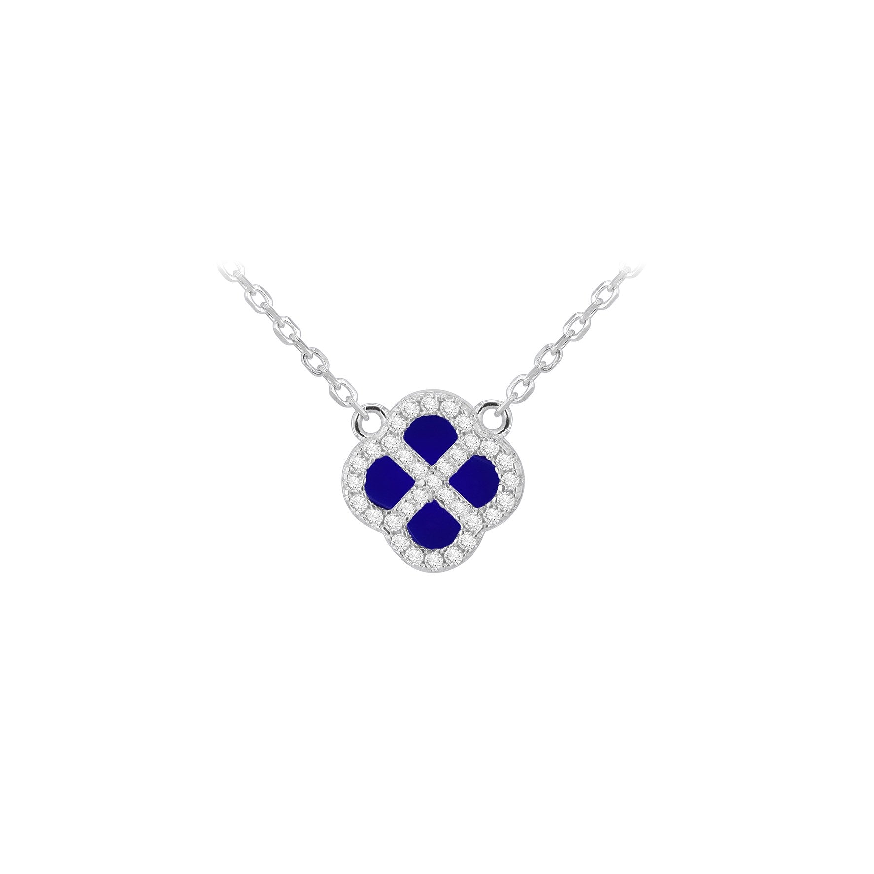 Sterling Silver Synthetic Blue Lazurite & Cubic Zirconia Clover Necklace 16-18'