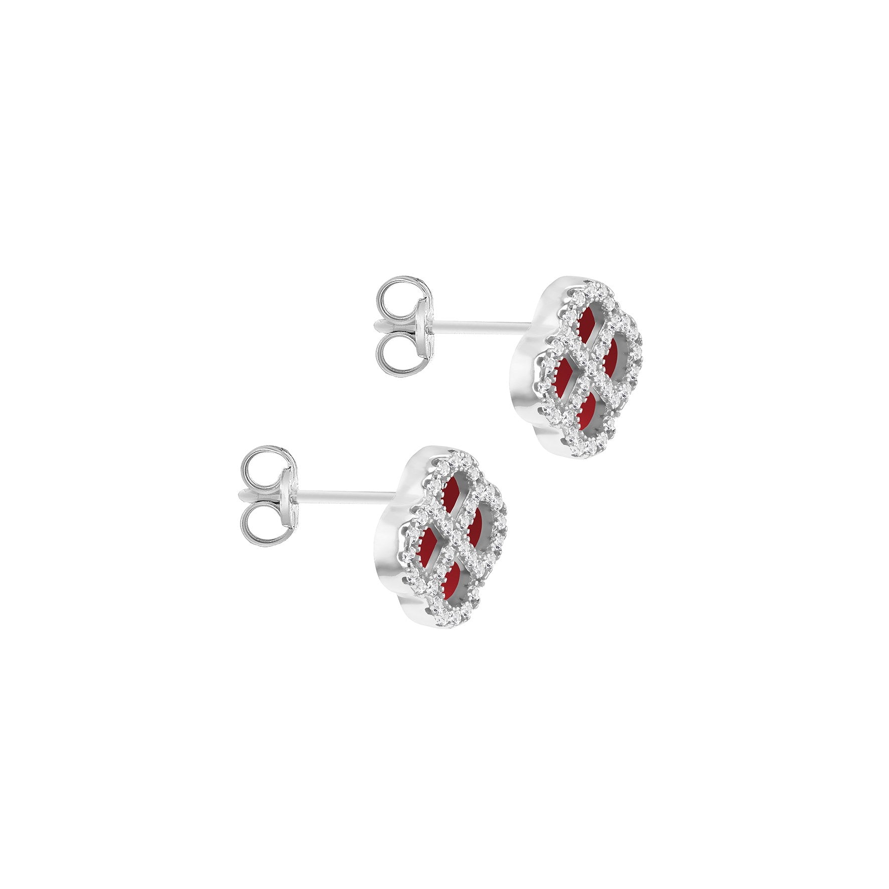 Sterling Silver Red Agate & Cubic Zirconia Clover Stud Earrings
