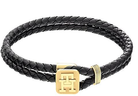 Tommy Hilfiger Mens Black Leather Monogram T-bar Bracelet