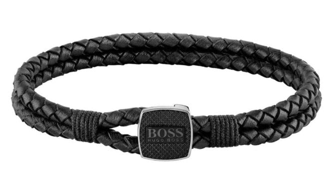 BOSS Mens Braided Black Leather Bracelet