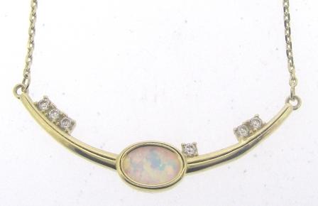 9ct Yellow Gold Created Opal And CZ Curved Bar Necklace