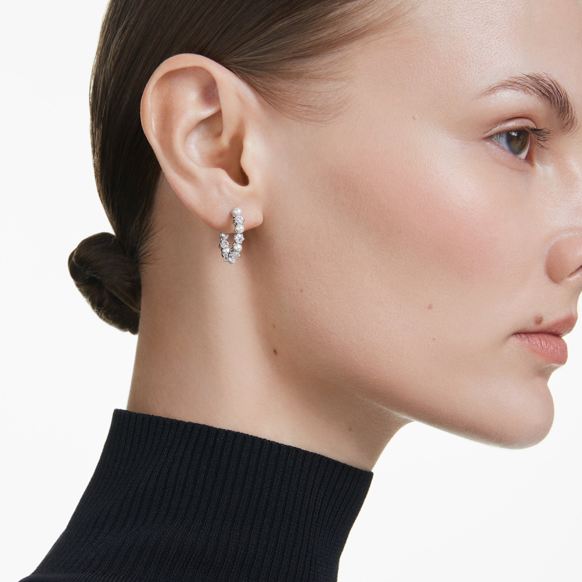 Swarovski Matrix Hoop Earrings - Rhodium Plated 18mm - Crystal Pearl