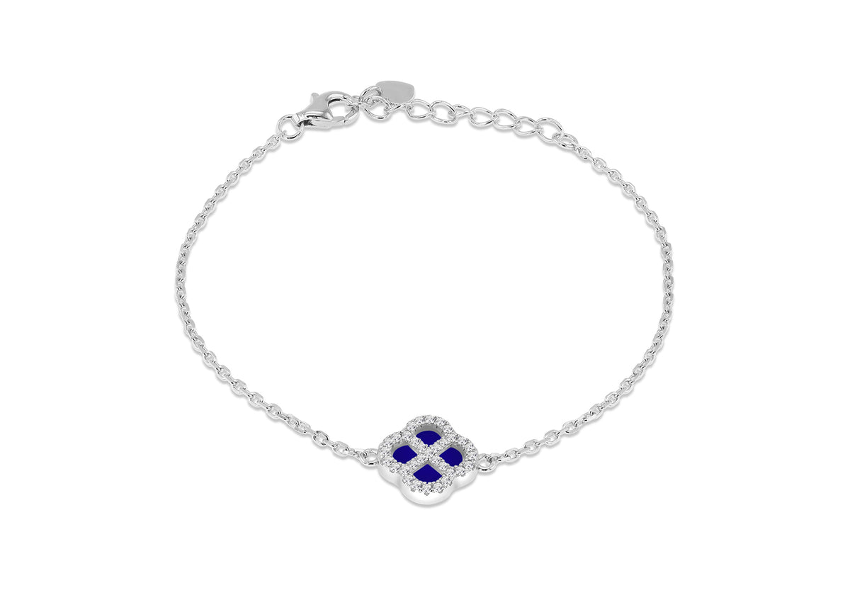 Sterling Silver Synthetic Blue Lazurite & Cubic Zirconia Clover Bracelet 6.25-7.5'