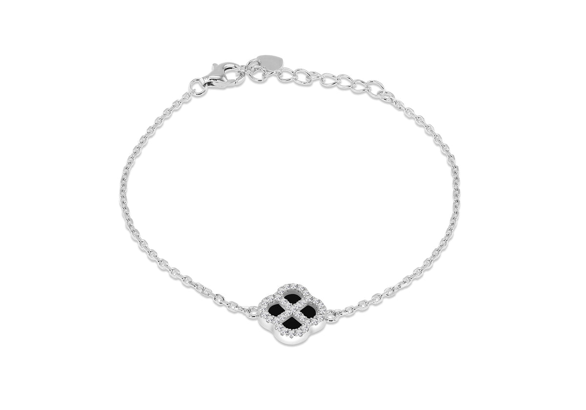 Sterling Silver Black Agate & Cubic Zirconia Clover Bracelet 6.25-7.5'