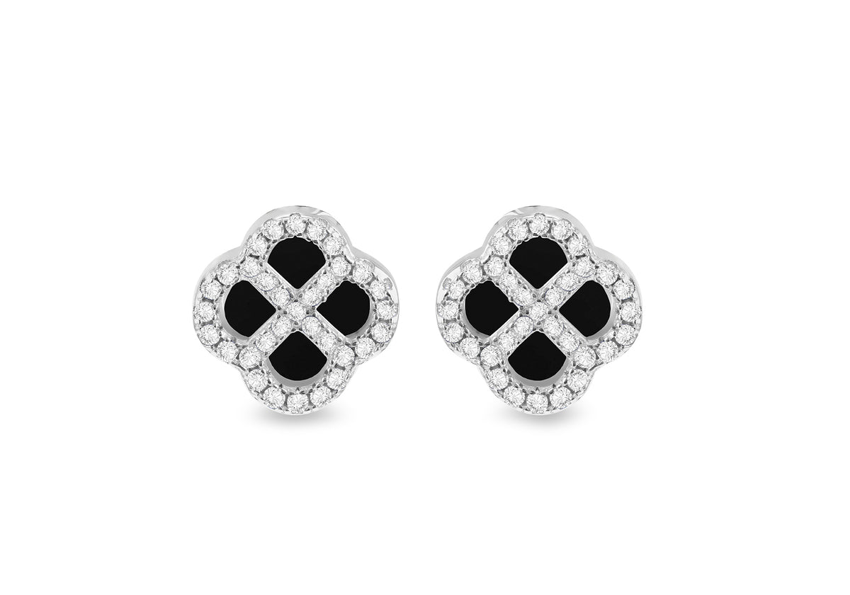 Sterling Silver Black Agate & Cubic Zirconia Clover Stud Earrings