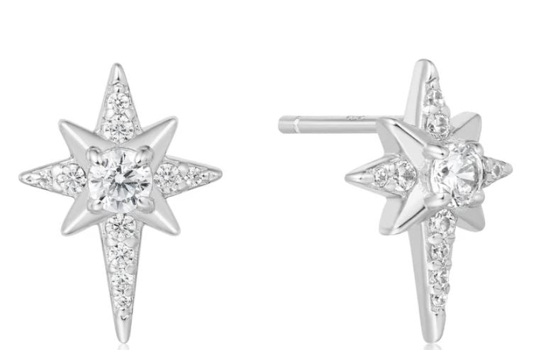 Ania Haie Silver Cubic Zirconia Eight-Pointed Star Stud Earrings 13x9.3mm