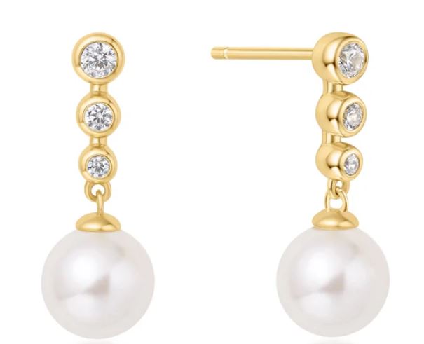 Ania Haie Silver and Yellow Gold Plated Tennis Beaded Cubic Zirconia Stone Shell Pearl Drop Stud Earrings 20x7mm
