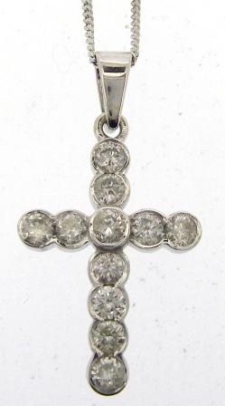 Vintage 9ct White Gold Round Brilliant Diamond Cross With Fine Curb Link Chain 18'