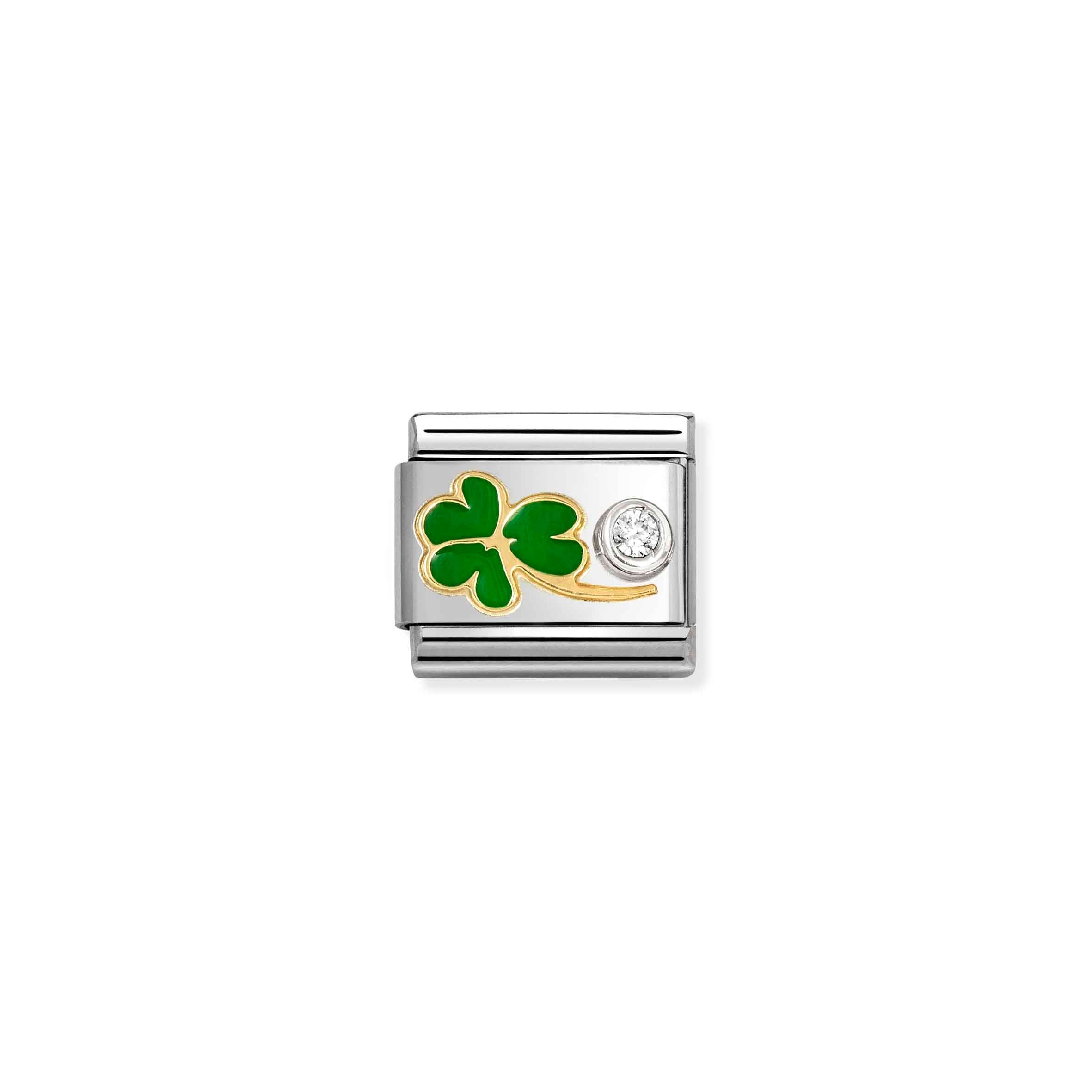 Nomination Composable Classic Green Clover with Cubic Zirconia Charm - Stainless Steel & Yellow Gold with Enamel