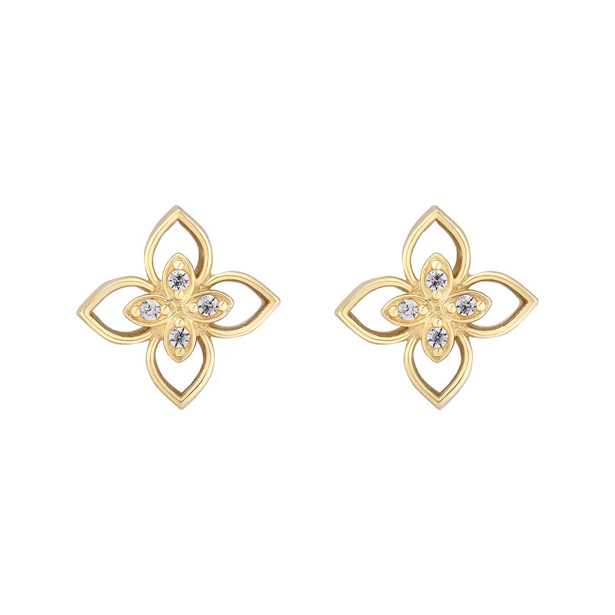 Yellow Gold Mother of Pearl & CZ Flower Stud Earrings