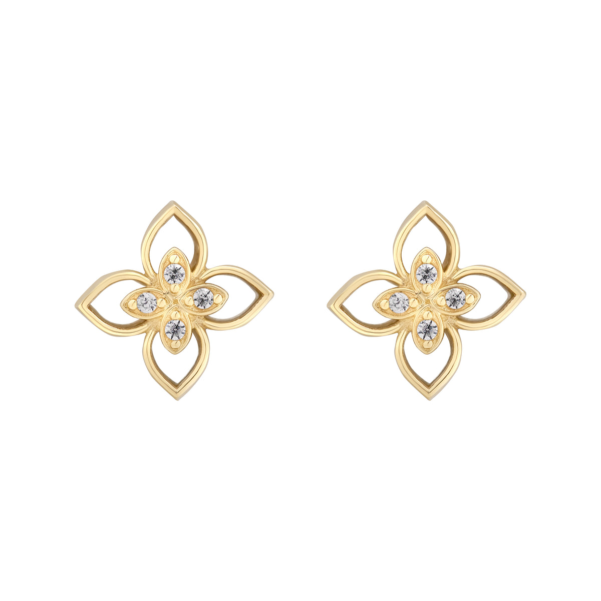 Yellow Gold Mother of Pearl & CZ Flower Stud Earrings