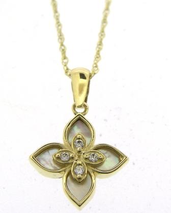 9ct Yellow Gold Cubic Zirconia & MOP Flower Pendant 18 Necklace