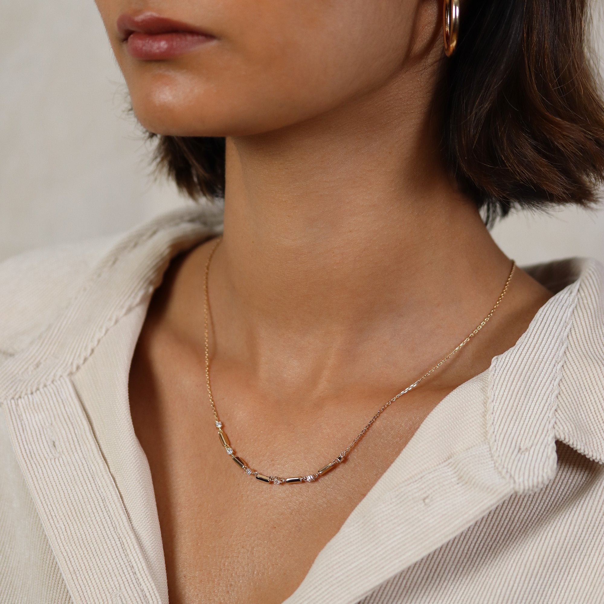 Burren - Valentina, Yellow Gold Plated Bar And CZ Chain Necklace 45cm