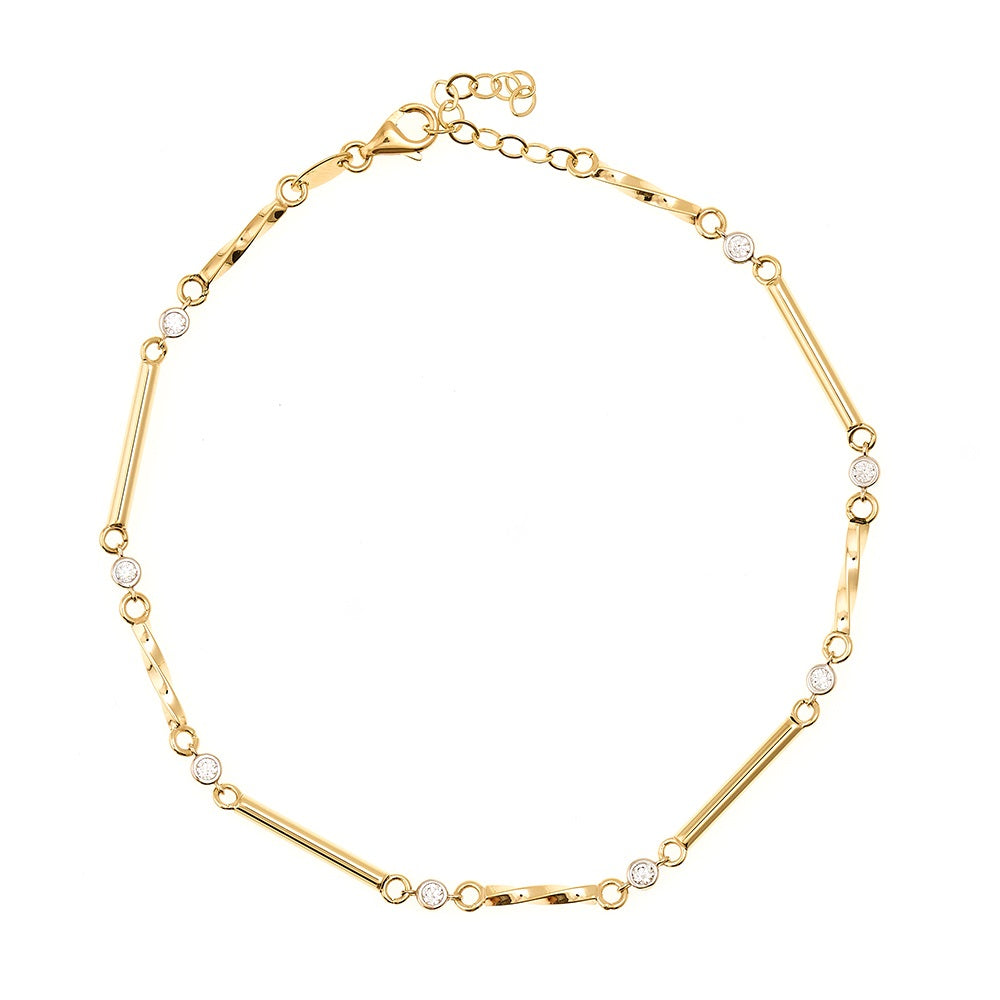 9ct Yellow Gold Straight and Twist Bar Link Cubic Zirconia Bracelet 19cm