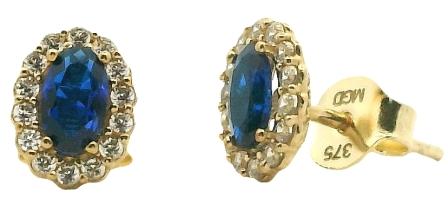 9ct Yellow Gold Created Sapphire and CZ Oval Cluster Stud Earrings