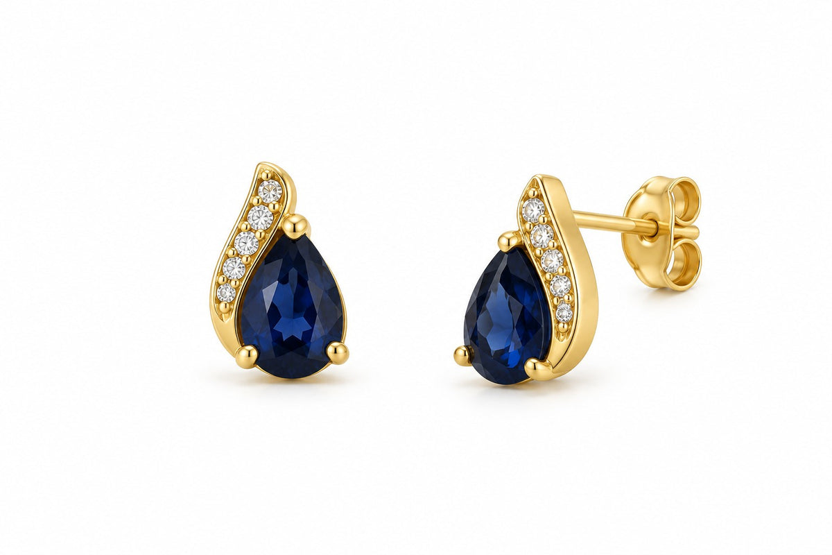 9ct Yellow Gold Created Sapphire and CZ Stud Earrings