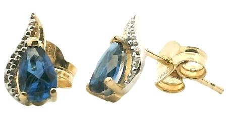 9ct Yellow Gold Created Sapphire & CZ Oval Cluster Stud Earrings