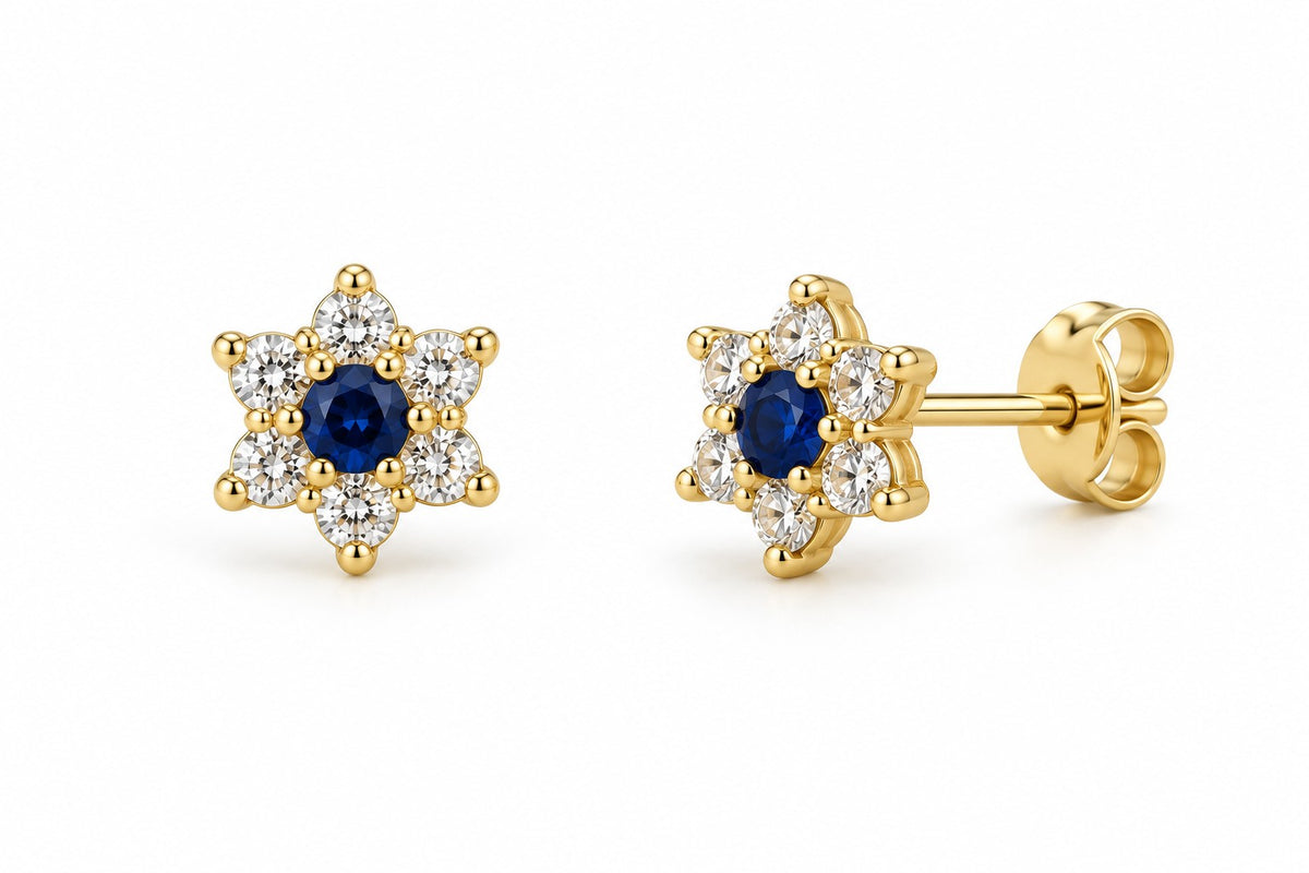 9ct Yellow Gold Created Sapphire and Cubic Zirconia Flower Stud Earrings
