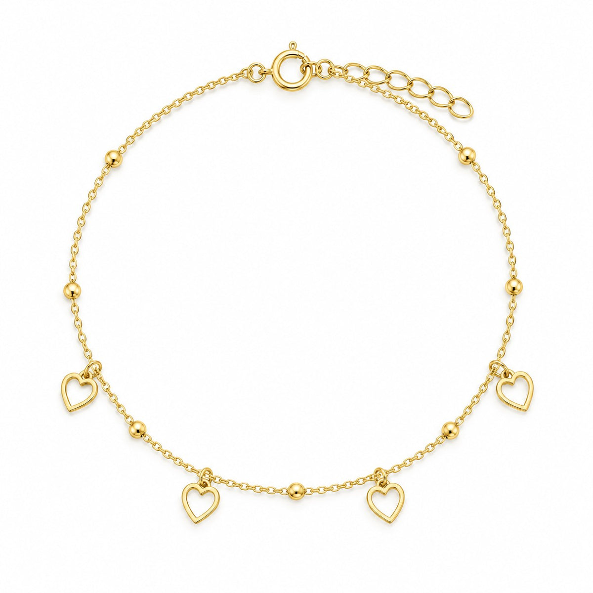 9ct Yellow Gold Open Heart Ball Chain Bracelet 8'