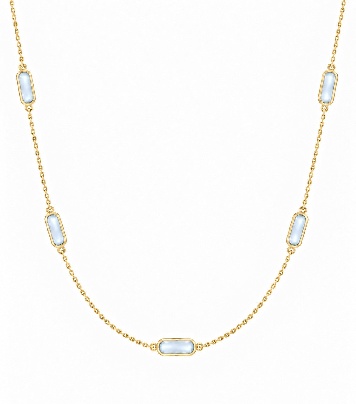 Five Stone Created Aquamarine Necklace in 9ct Yellow Gold, 16-18 Inch