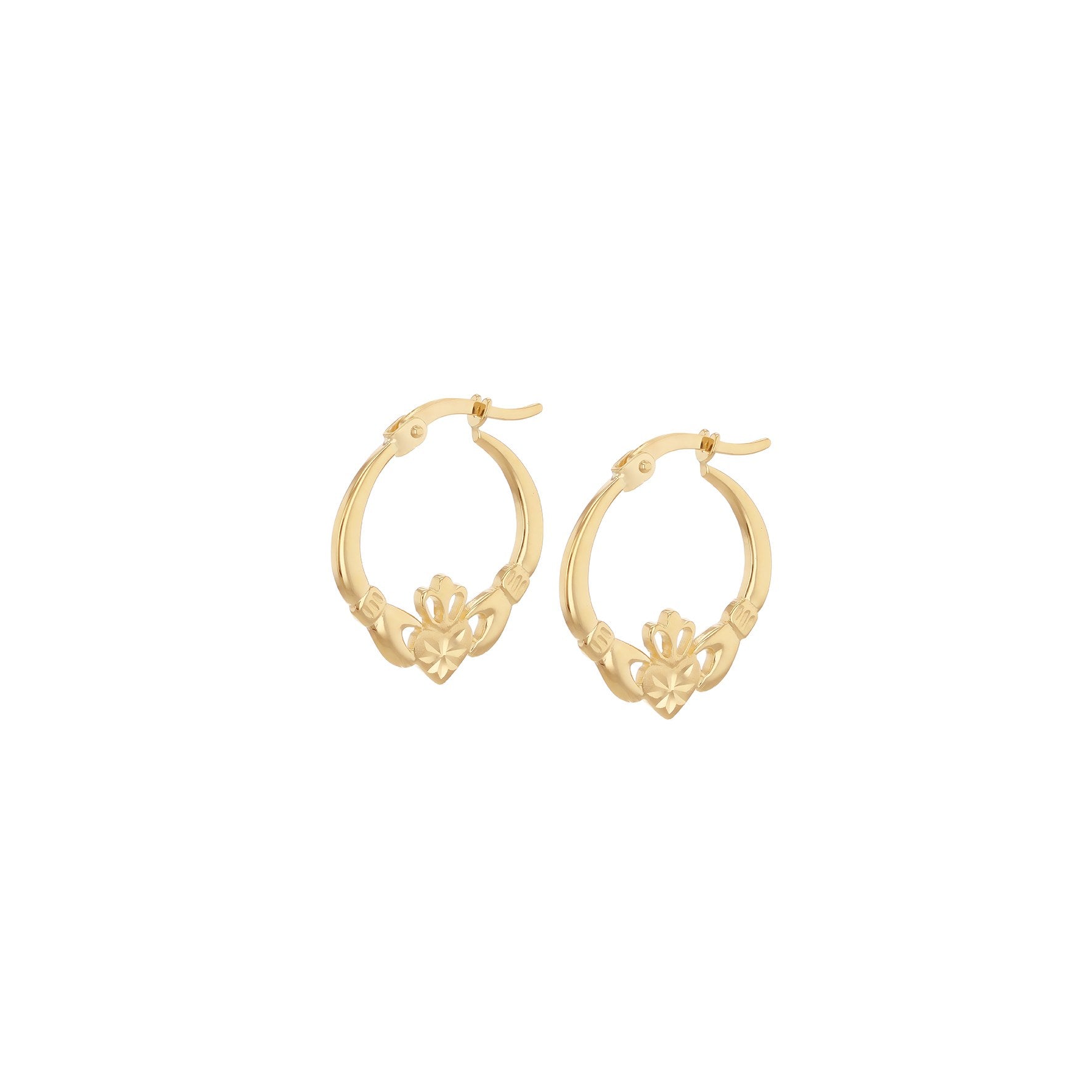 9ct Yellow Gold Diamond Cut Claddagh Creole Earrings