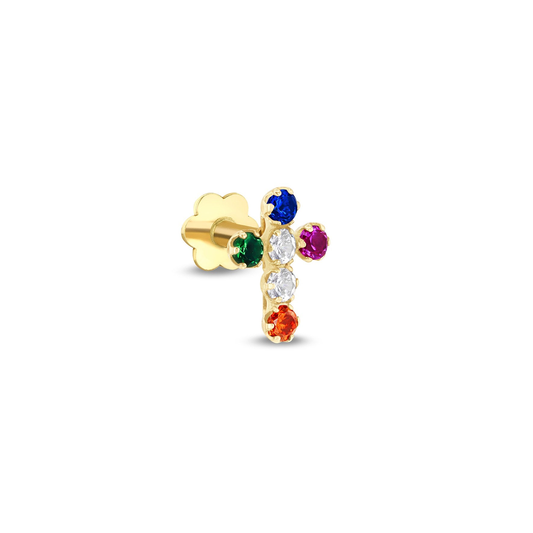 9ct Yellow Gold Multi-Coloured CZ Cross Single Stud Earring