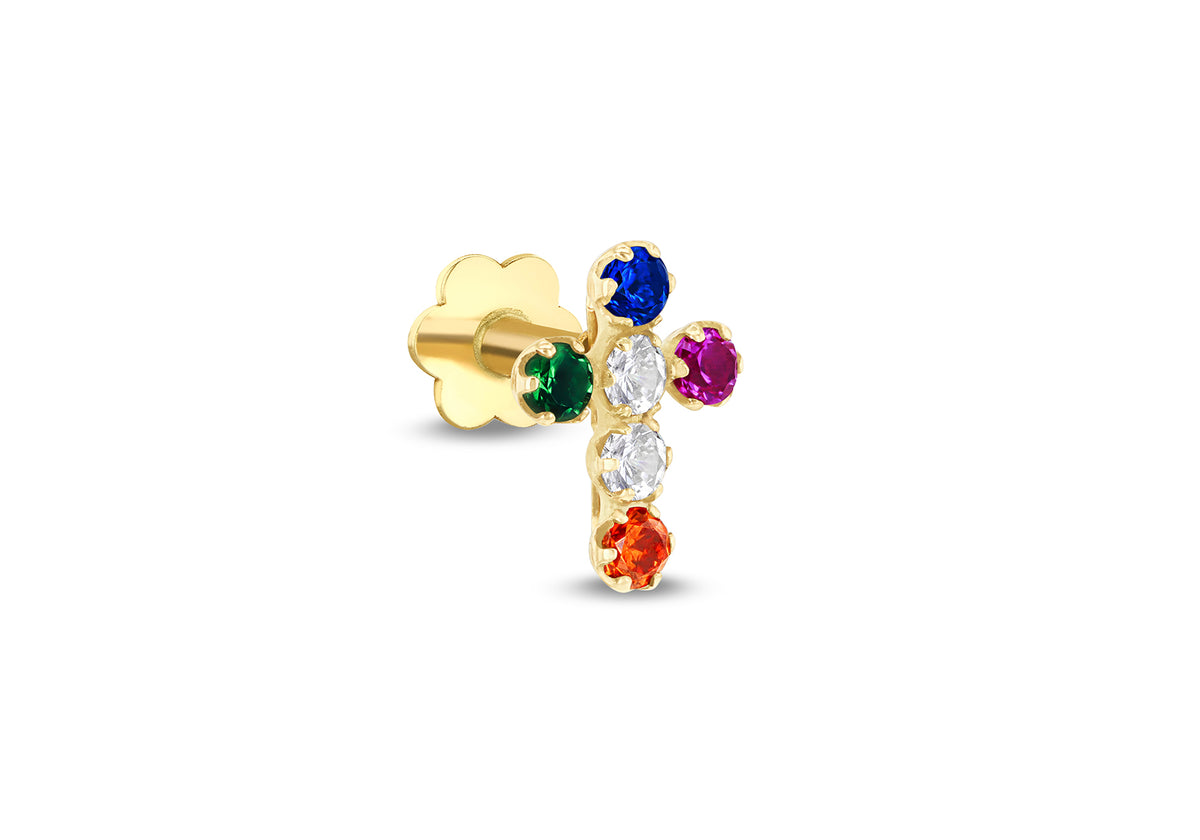 9ct Yellow Gold Multi-Coloured CZ Cross Single Stud Earring