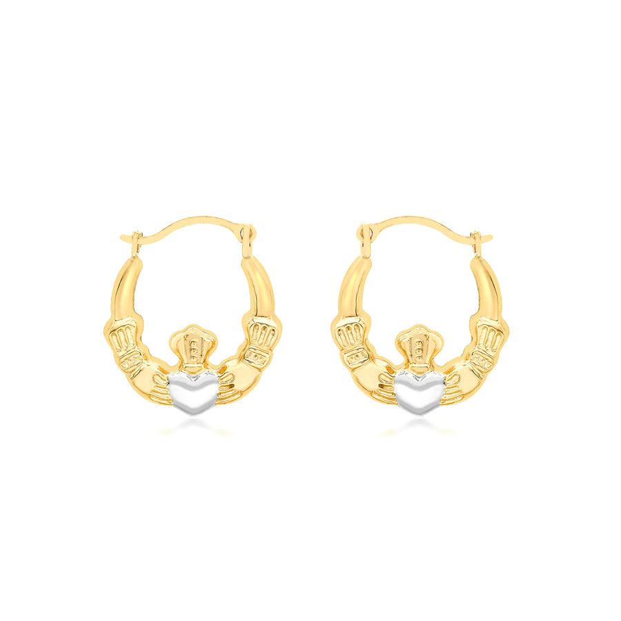 9ct Yellow & White Gold Claddagh Creole Earrings 14x15mm