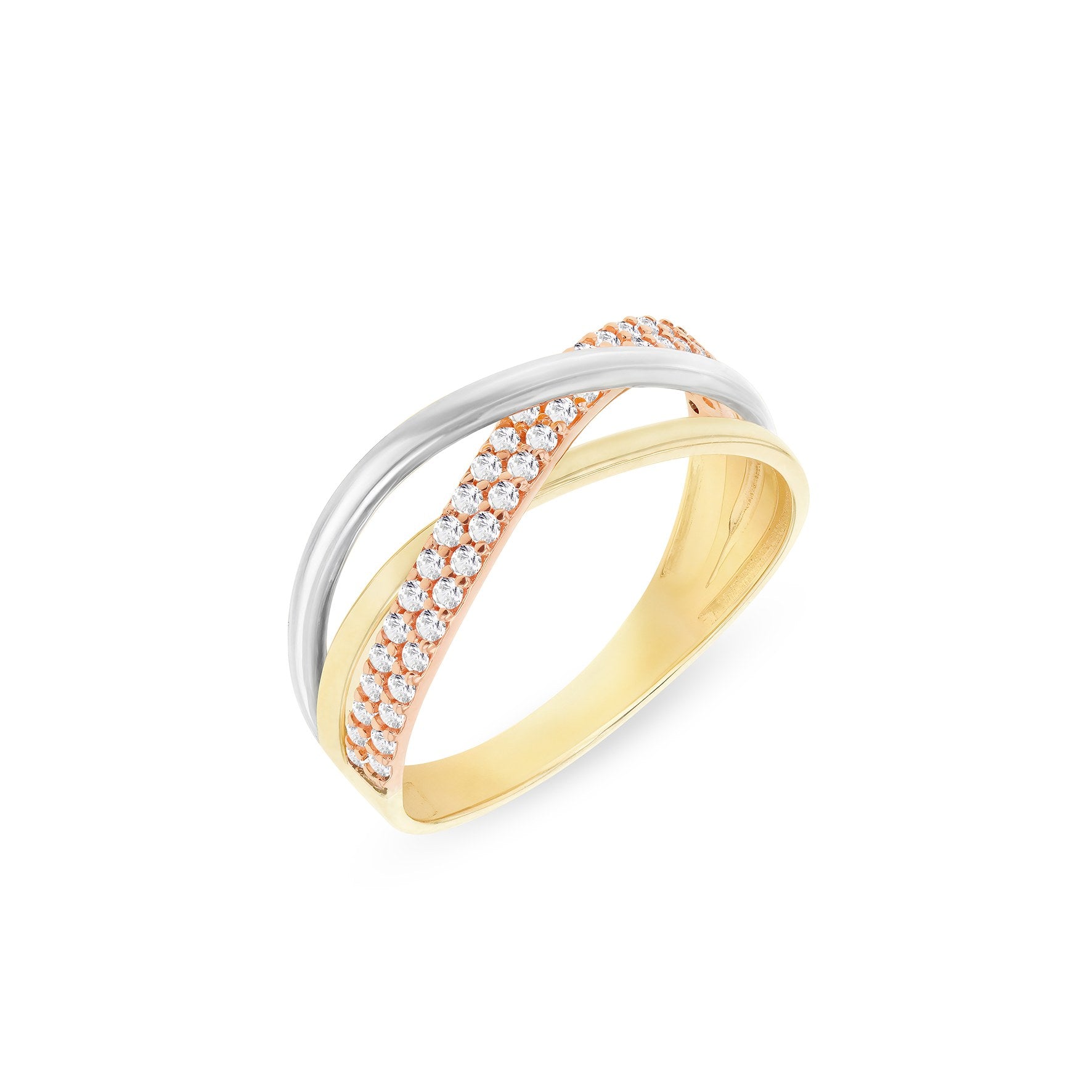 9ct Yellow,White & Rose Gold Cubic Zirconia Crossover Ring