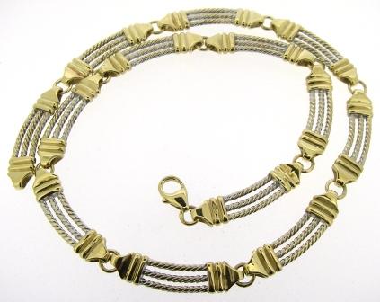 Vintage 9ct Yellow And White Gold 3Row Twist Bar Link Necklet 19'