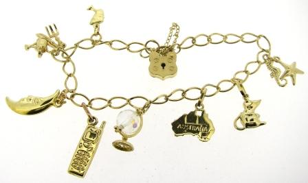 Vintage 9ct Yellow Gold Curb Link Bracelet With Padlock & Safety Chain + 8 Charms