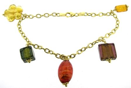 Vintage 9ct Yellow Gold Oval Link Bracelet With 5 Multi-Colour Charms 7.5'