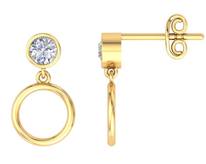 9ct Yellow Gold Three Stone Round Rubover CZ Drop Earrings