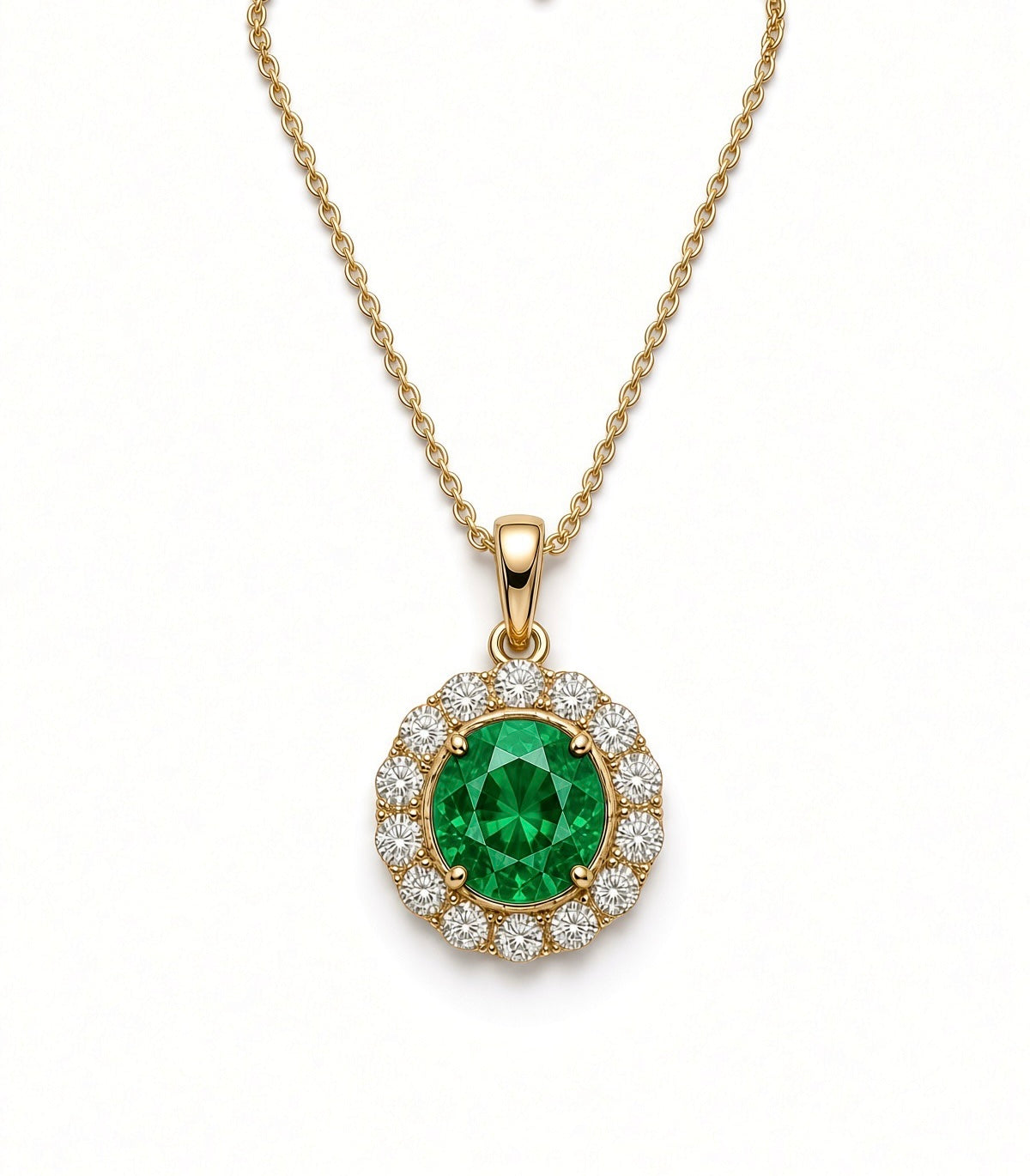 9ct Yellow Gold Round Created Emerald And CZ Cluster Pendant 17-18'