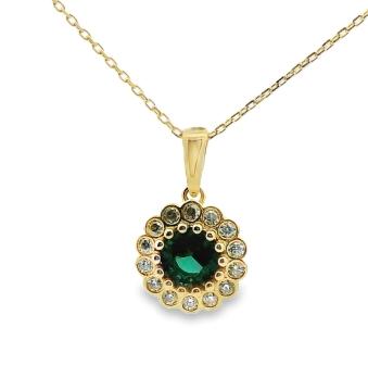 9ct Yellow Gold Created Emerald and CZ Cluster Pendant